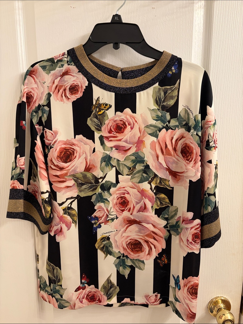 Dolce & Gabbana Black & White Striped Top with Pink Rose Print, silk.